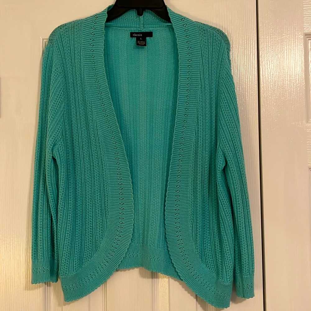 thesis brand shrug/cardigan with graduated front hem, sea foam color Size Large